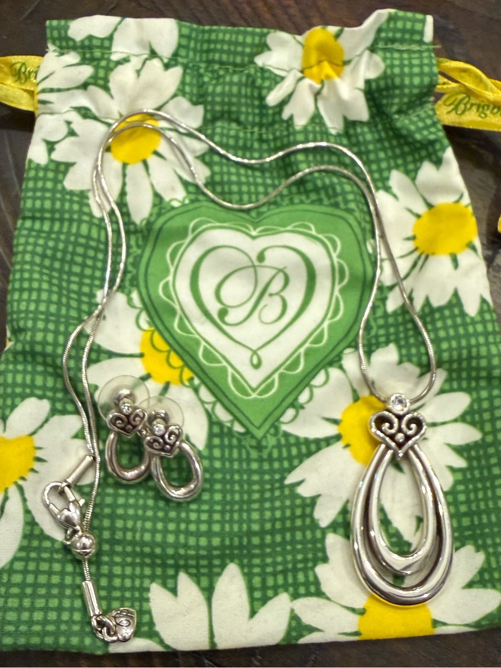 Brighton Silver Scroll Heart Layered Teardrop Necklace Earring Set Pouch